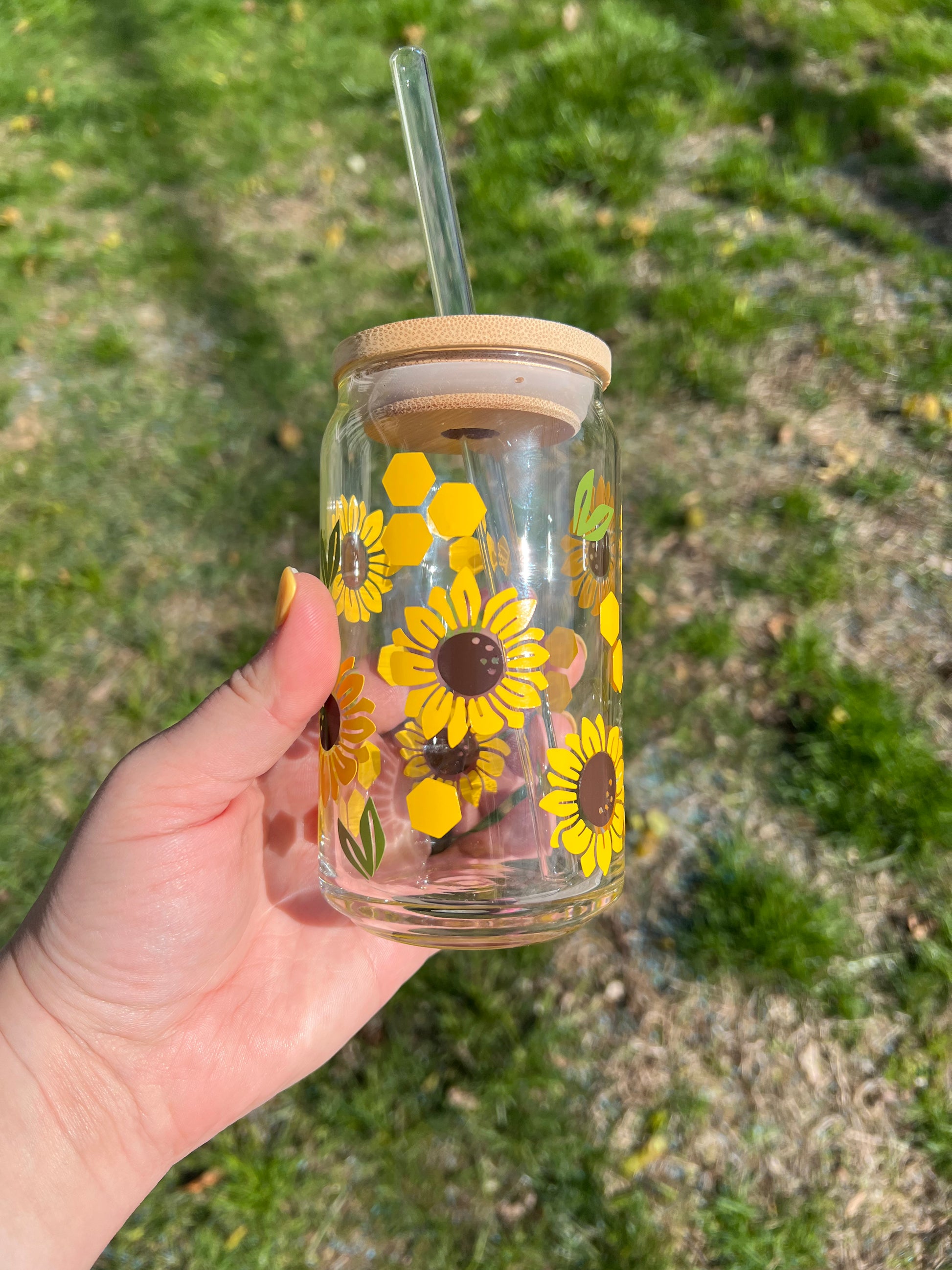 Sunflower Beer Can Glass | Summer Flowers | Libbey Glass Can | 16 oz. | 20  oz. | Bamboo Lid | Straws